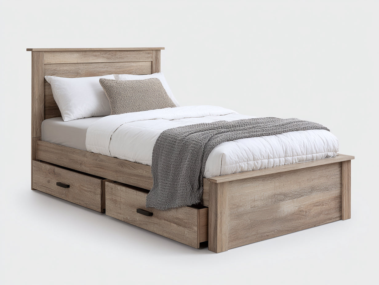 Camas individuales para dormitorio de madera de ingeniería 205 x 105 x 115 cm - Color madera - 2 cajones integrados y diseño rústico