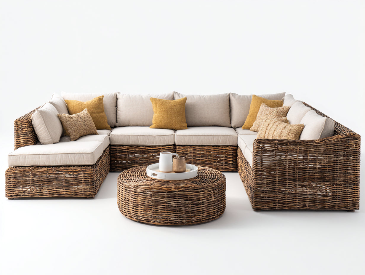 Sofás de exterior de ratán 285x220x76 cm - marrón y beige - modular con mesa redonda