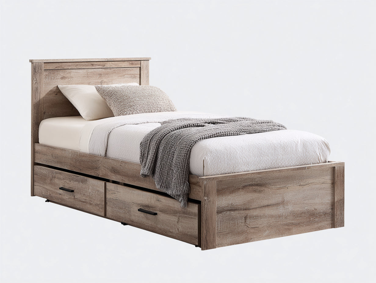 Camas individuales con dos cajones en MDF efecto roble envejecido 205 x 100 x 115 cm - diseño rústico para dormitorio