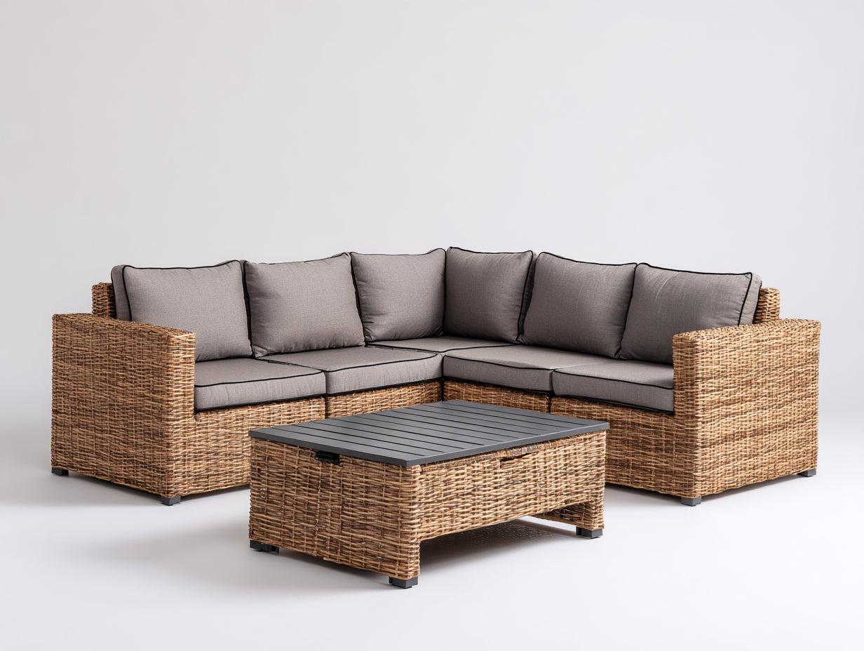 Sofás de exterior de ratán 265x265x74 cm - natural gris y negro - modular cuadrado con mesa rectangular