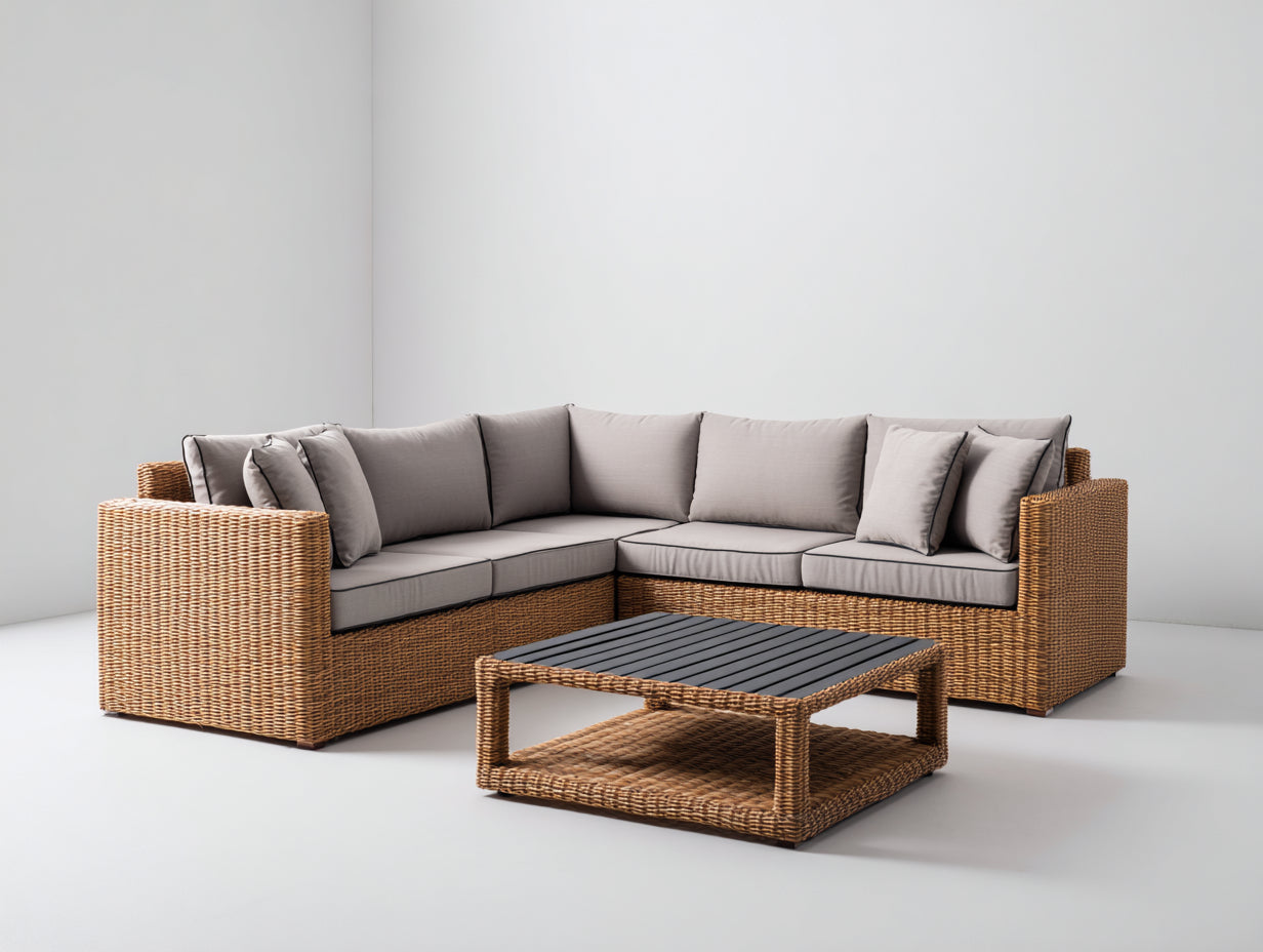 Sofás de exterior de ratán sintético 240x240x78 cm - Marrón natural y gris claro - Con mesa de centro - Diseño esquinero para terraza y jardín