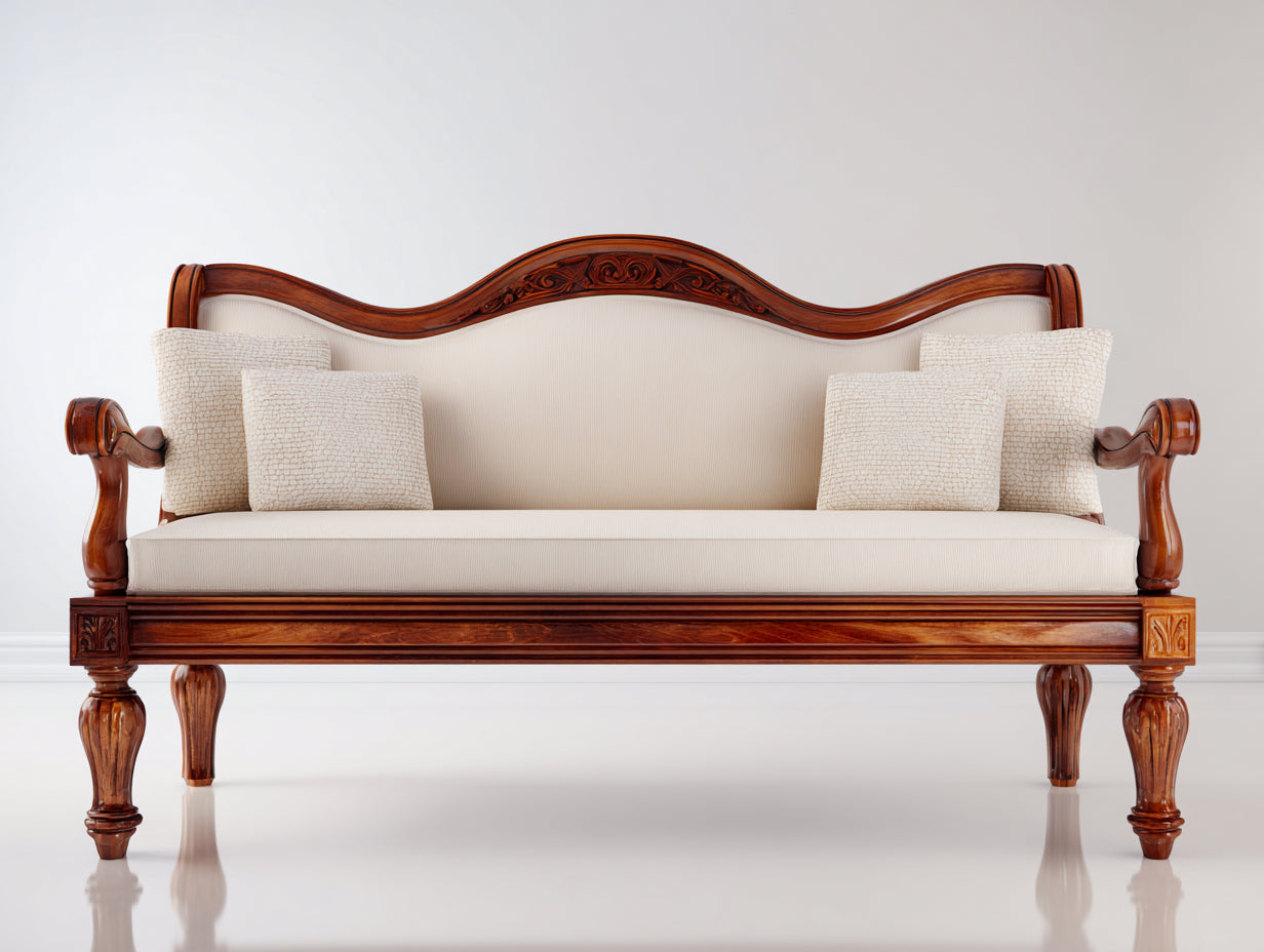 Bancos de jardín de madera tallada con asiento tapizado 180 x 65 x 105 cm - marrón y beige - diseño clásico para exterior