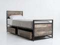 Camas individuales con estructura metálica y paneles efecto madera 210 x 98 x 105 cm - negro y madera rústica - diseño industrial con cajones para dormitorio