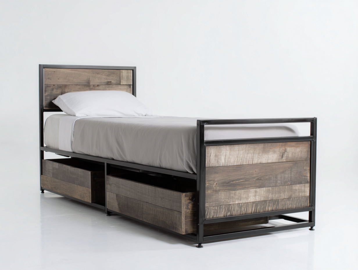 Camas individuales con estructura metálica y paneles efecto madera 210 x 98 x 105 cm - negro y madera rústica - diseño industrial con cajones para dormitorio