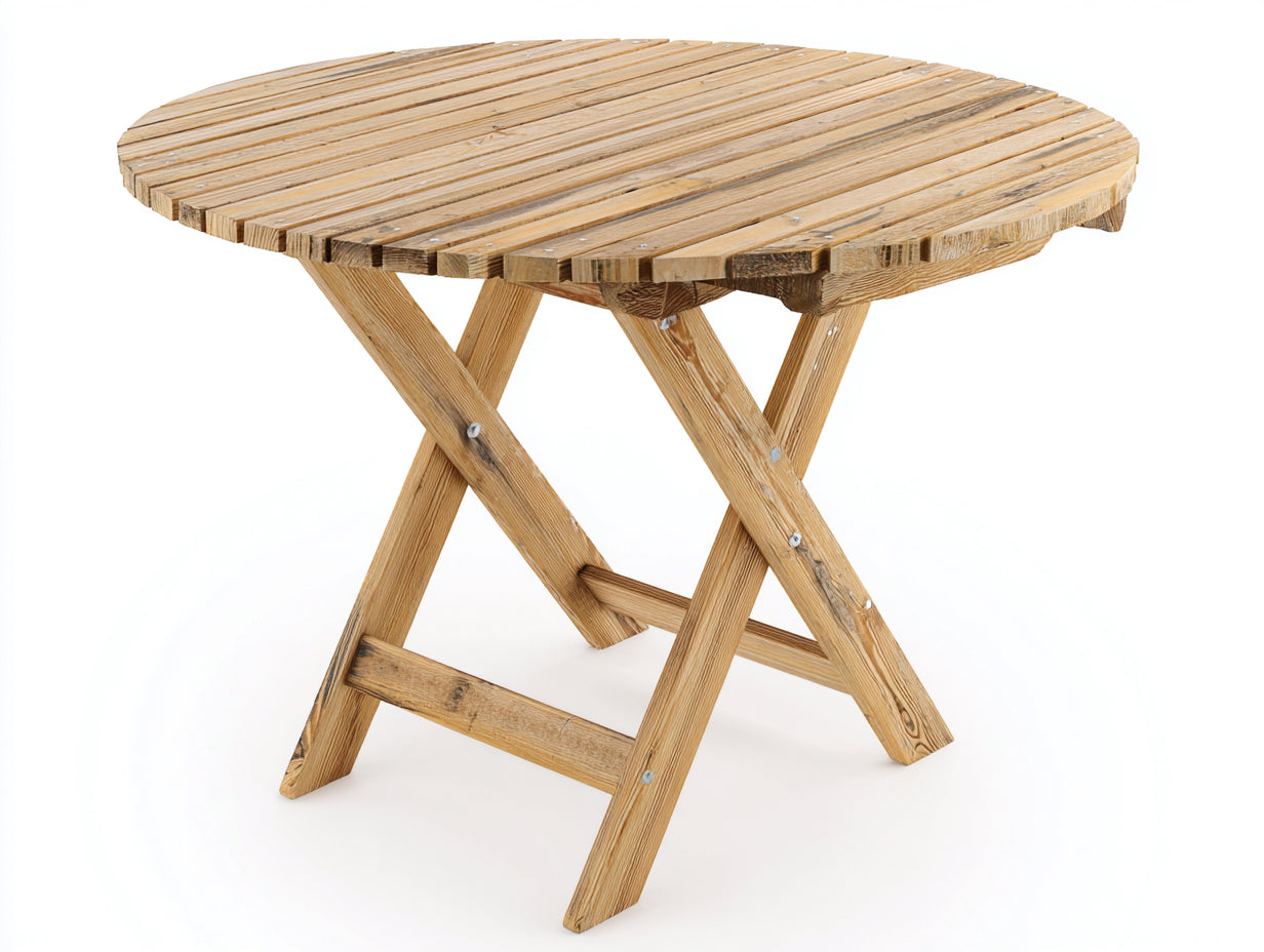 Mesas de jardín redondas de madera 100 x 100 x 75 cm - Madera natural - Tablero de listones con patas cruzadas