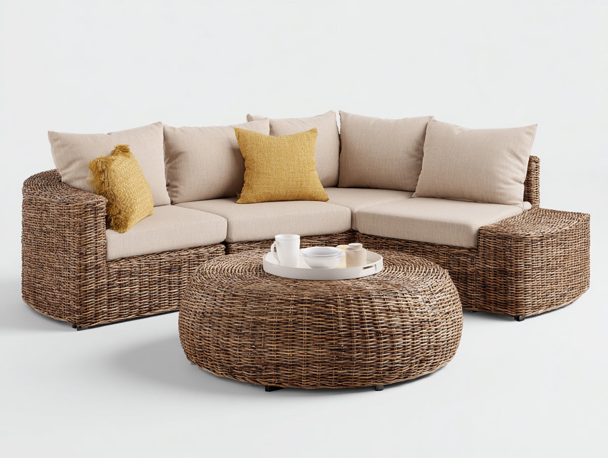 Sofás de exterior rinconero de ratán 280x220x72 cm - marrón natural-beige - diseño con mesa redonda para jardín