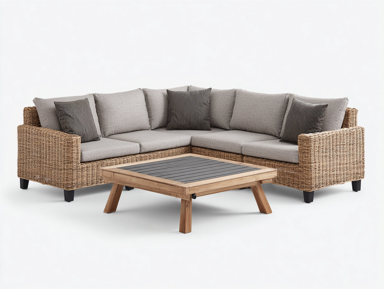 Sofás de exterior modulares de ratán sintético 280 x 280 x 75 cm - Marrón y gris claro - Diseño esquinero con mesa de centro