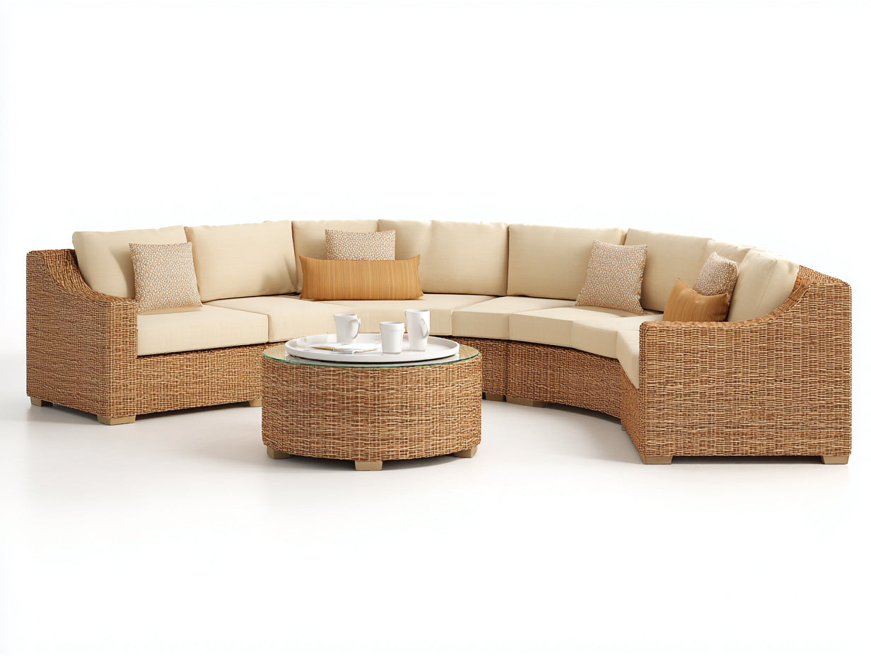 Sofás de exterior semicircular de ratán sintético 320x220x72 cm - natural-crema - diseño con mesa redonda para jardín