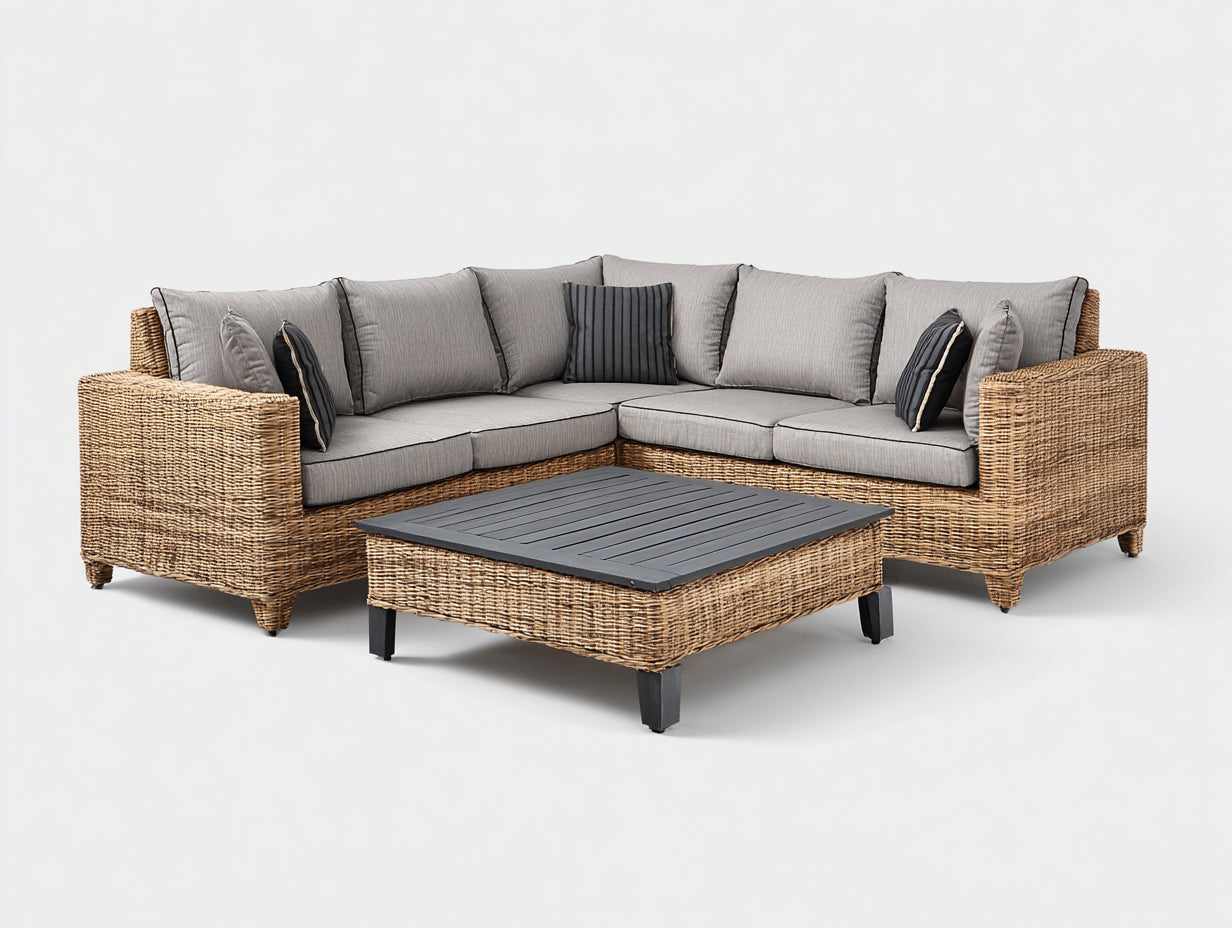 Sofás de exterior de ratán 265x265x74 cm - natural gris y negro - modular cuadrado con mesa rectangular