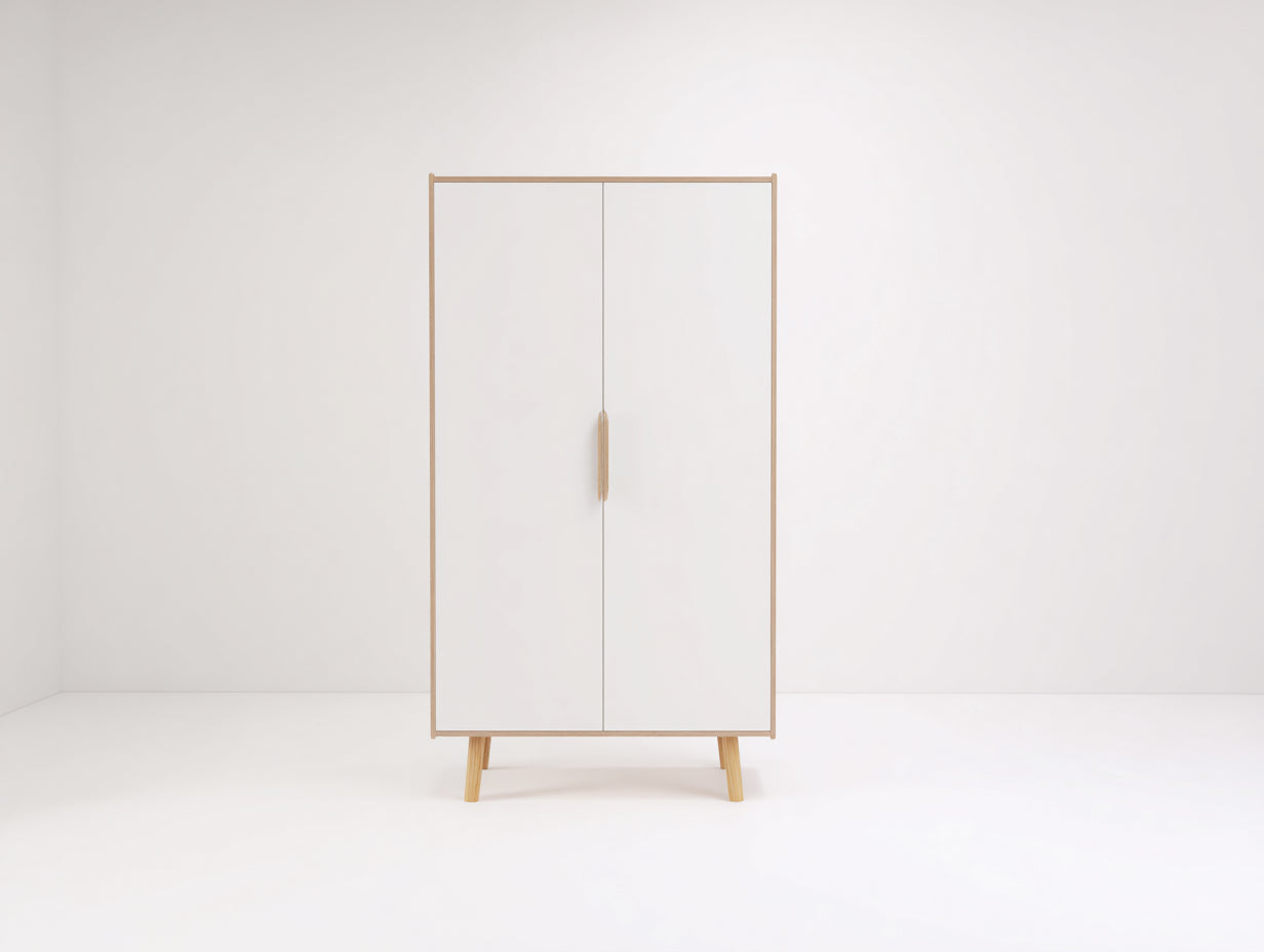 Armarios de dos puertas en MDF y madera 90x45x165 cm - blanco y roble natural - diseño nórdico para dormitorio
