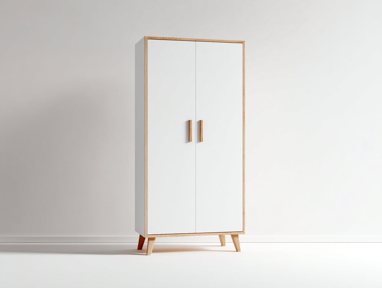 Armarios de 2 puertas en madera de ingeniería 90 x 50 x 180 cm - Blanco y madera natural - Estilo nórdico