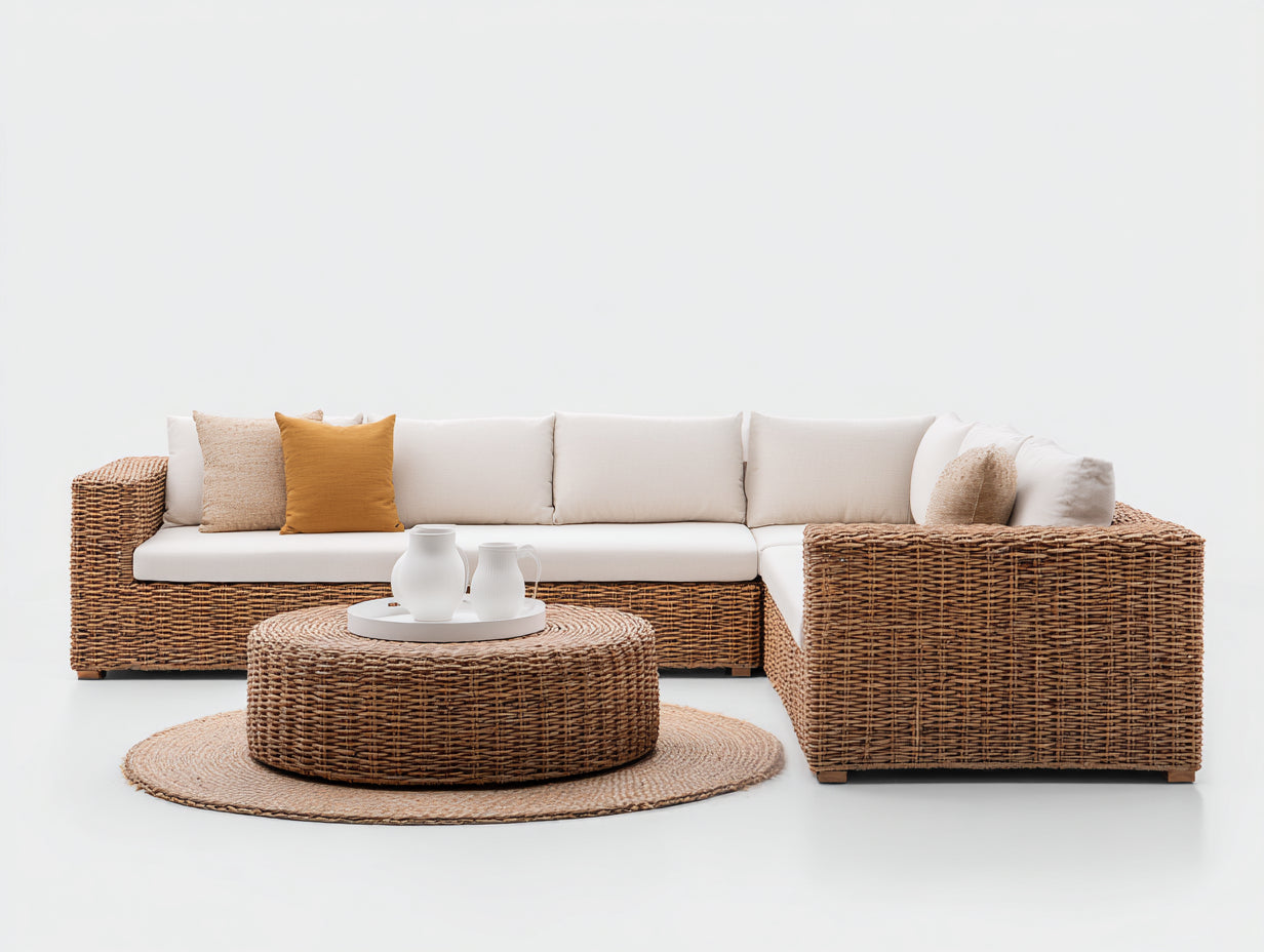 Sofás de exterior de ratán 280x210x75 cm - natural-blanco roto - conjunto con mesa redonda