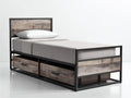 Camas individuales con estructura de metal y madera 205x98x110 cm - negro-marrón rústico - con 2 cajones