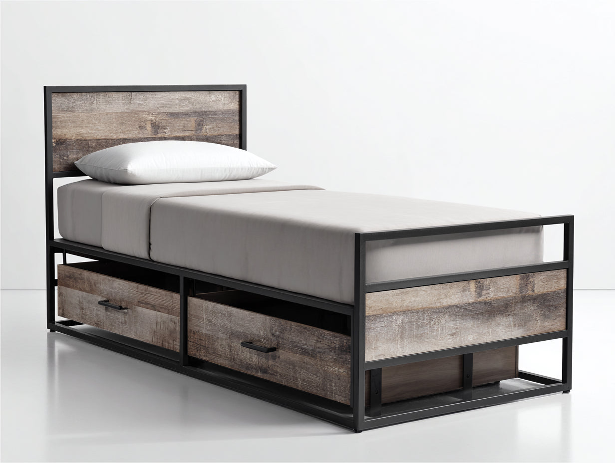 Camas individuales con estructura de metal y madera 205x98x110 cm - negro-marrón rústico - con 2 cajones