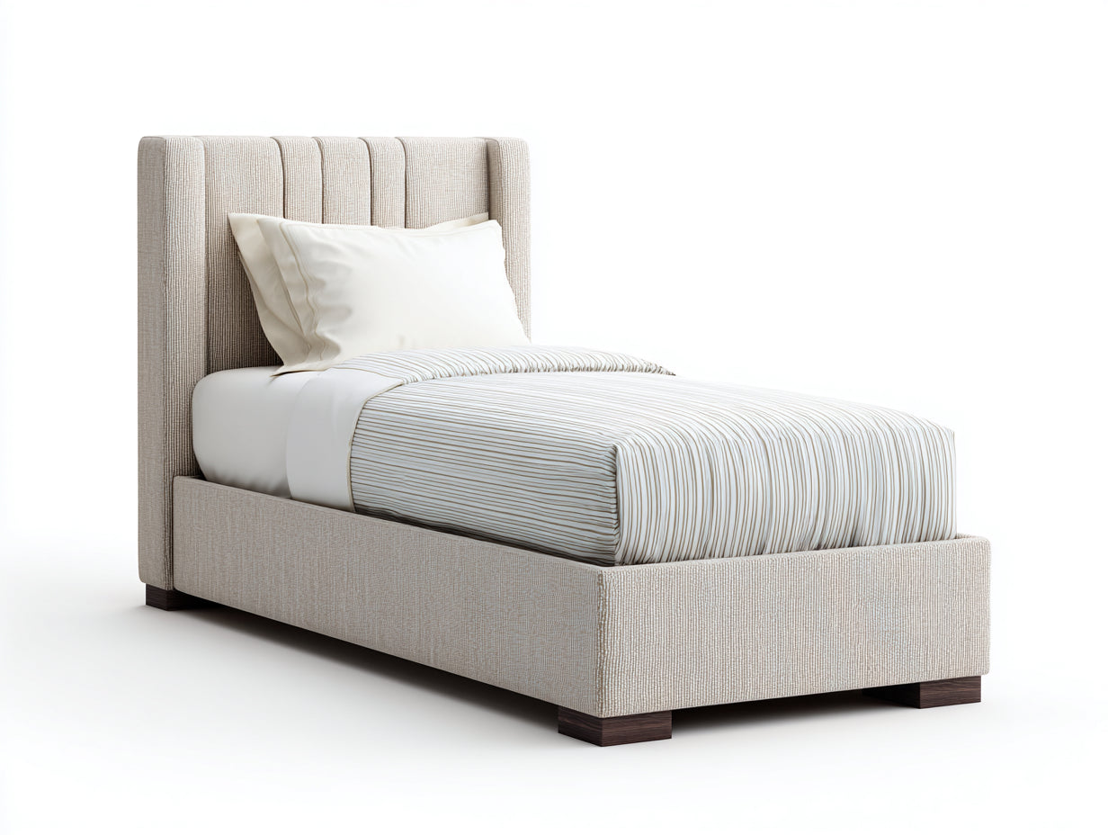 Camas individuales tapizada de tela 205x100x115 cm - beige-marrón oscuro - cabecero acanalado