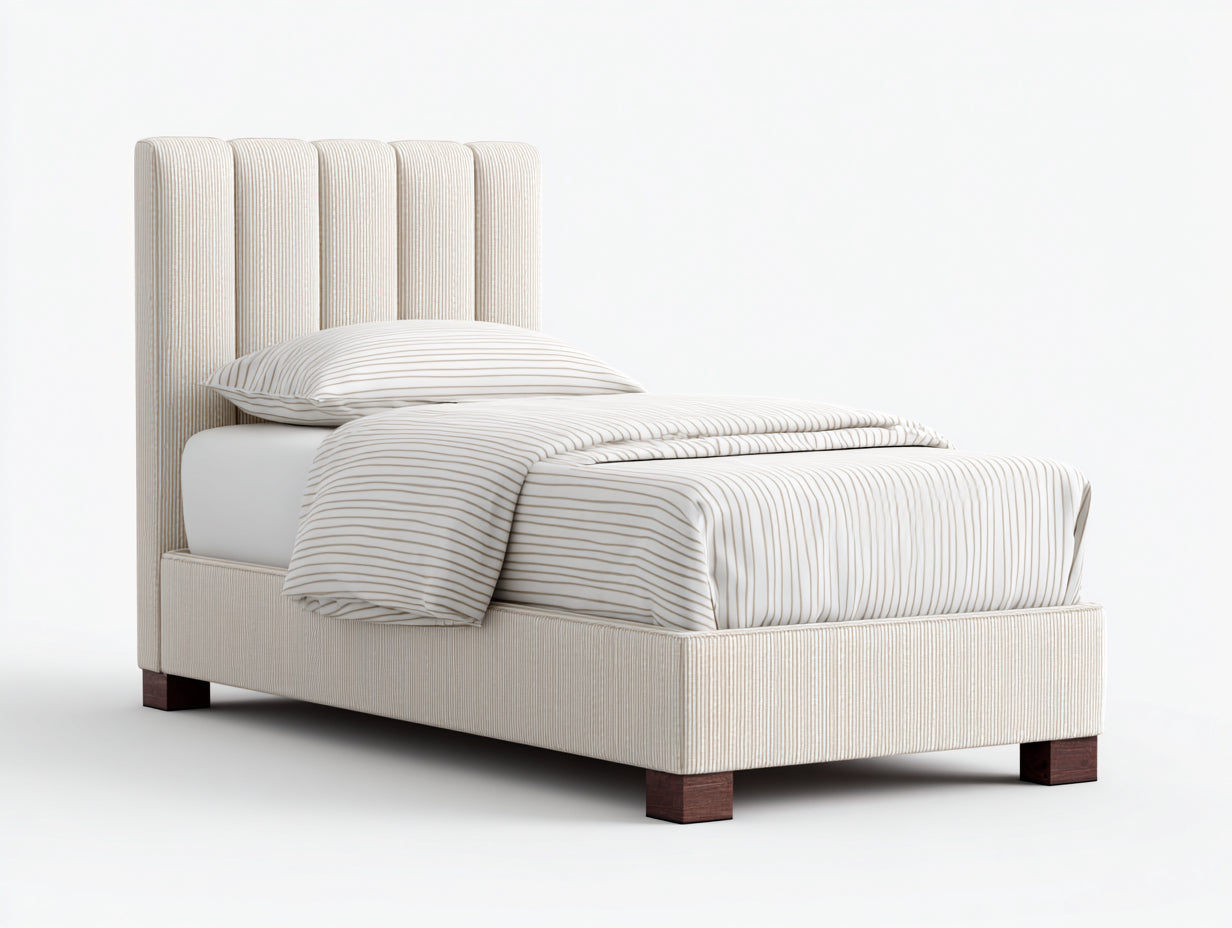 Camas individuales tapizadas en tela acanalada 205 x 105 x 125 cm - beige y patas marrón oscuro - diseño moderno para dormitorio