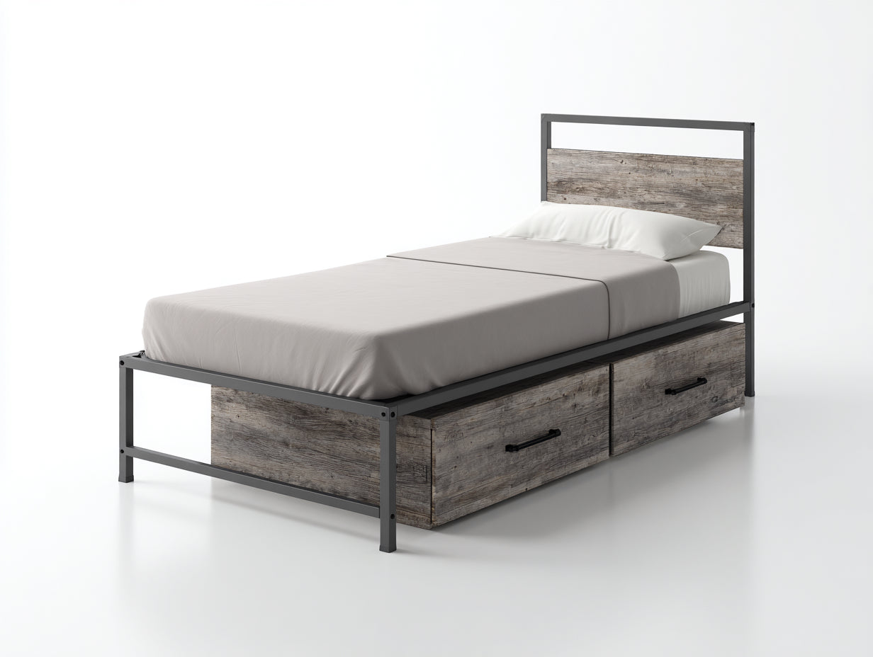 Camas individuales de metal y madera de ingeniería 200 x 100 x 110 cm - Gris antracita y madera envejecida - Estilo industrial con 2 cajones
