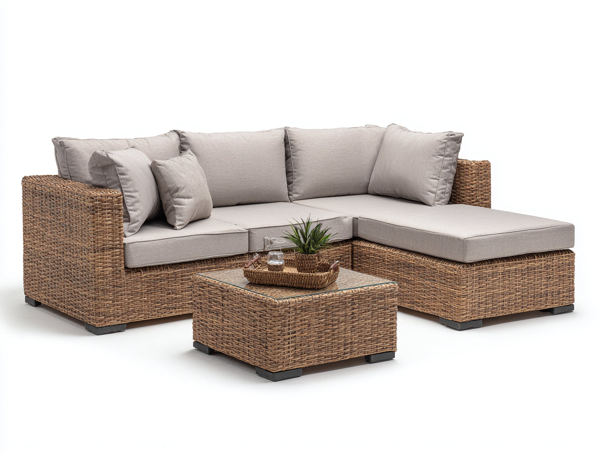 Sofás de exterior modulares de ratán sintético 280 x 280 x 75 cm - Marrón y beige - Diseño esquinero con mesa de centro