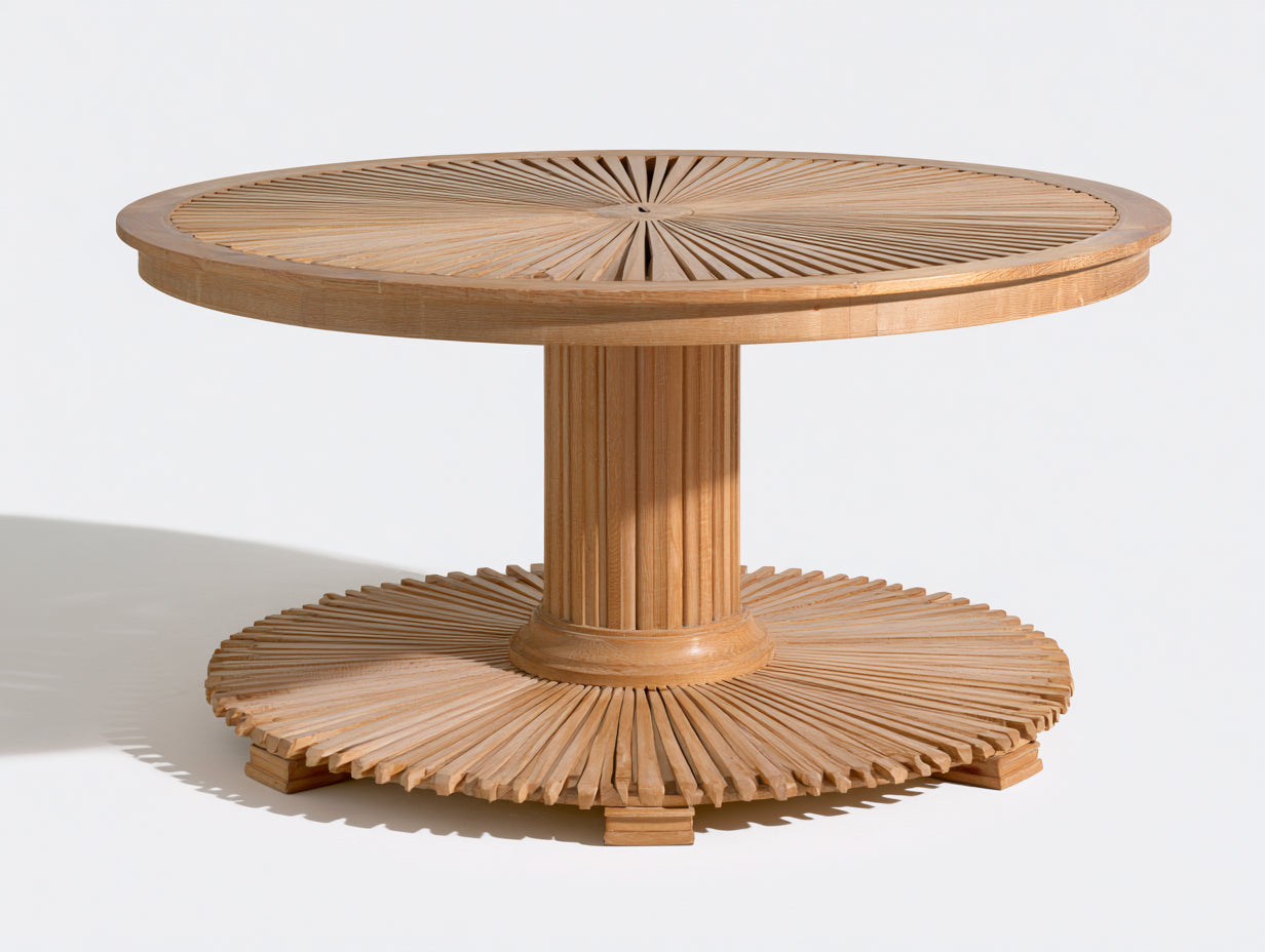 Mesas de jardín redonda de madera maciza 150x150x75 cm - natural - base central decorativa para exterior