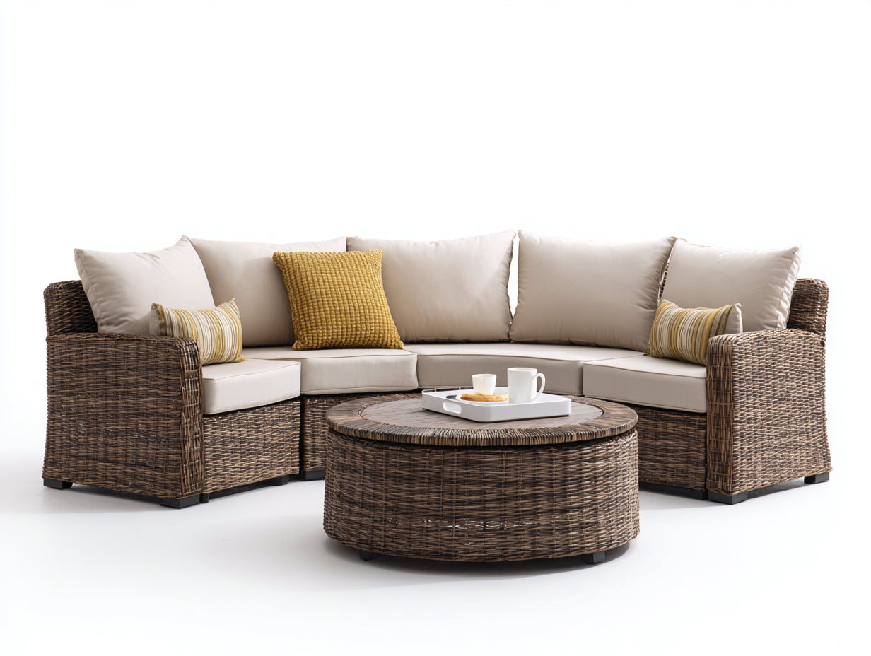 Sofás de exterior de ratán 240x180x78 cm - marrón-beige - conjunto con mesa redonda