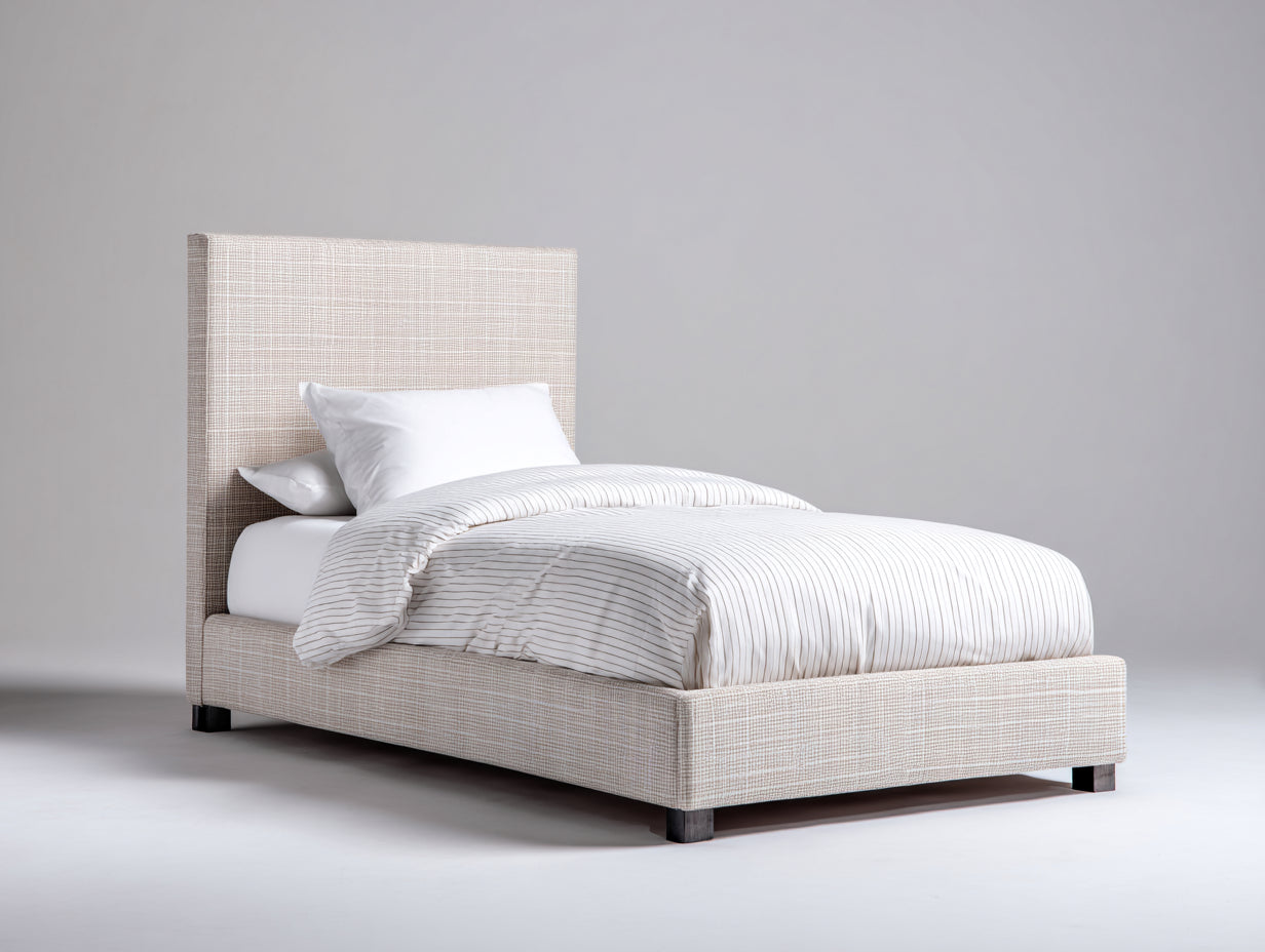 Camas individuales para dormitorio con estructura tapizada en tejido 210 x 110 x 135 cm - Beige - Cabecero alto de diseño contemporáneo