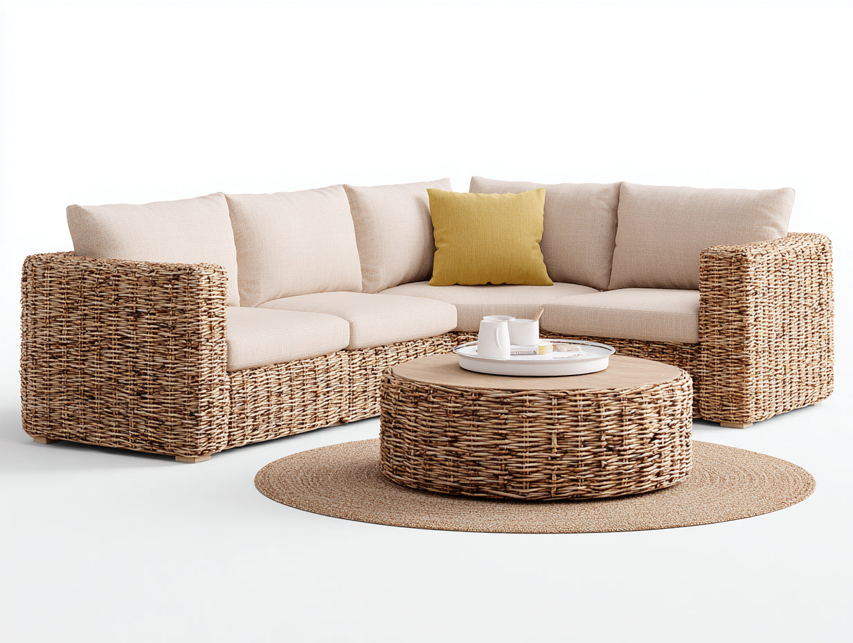 Sofás de exterior de ratán sintético 235x235x78 cm - Marrón natural y beige - Con mesa de centro redonda - Diseño esquinero cuadrado para terraza y jardín