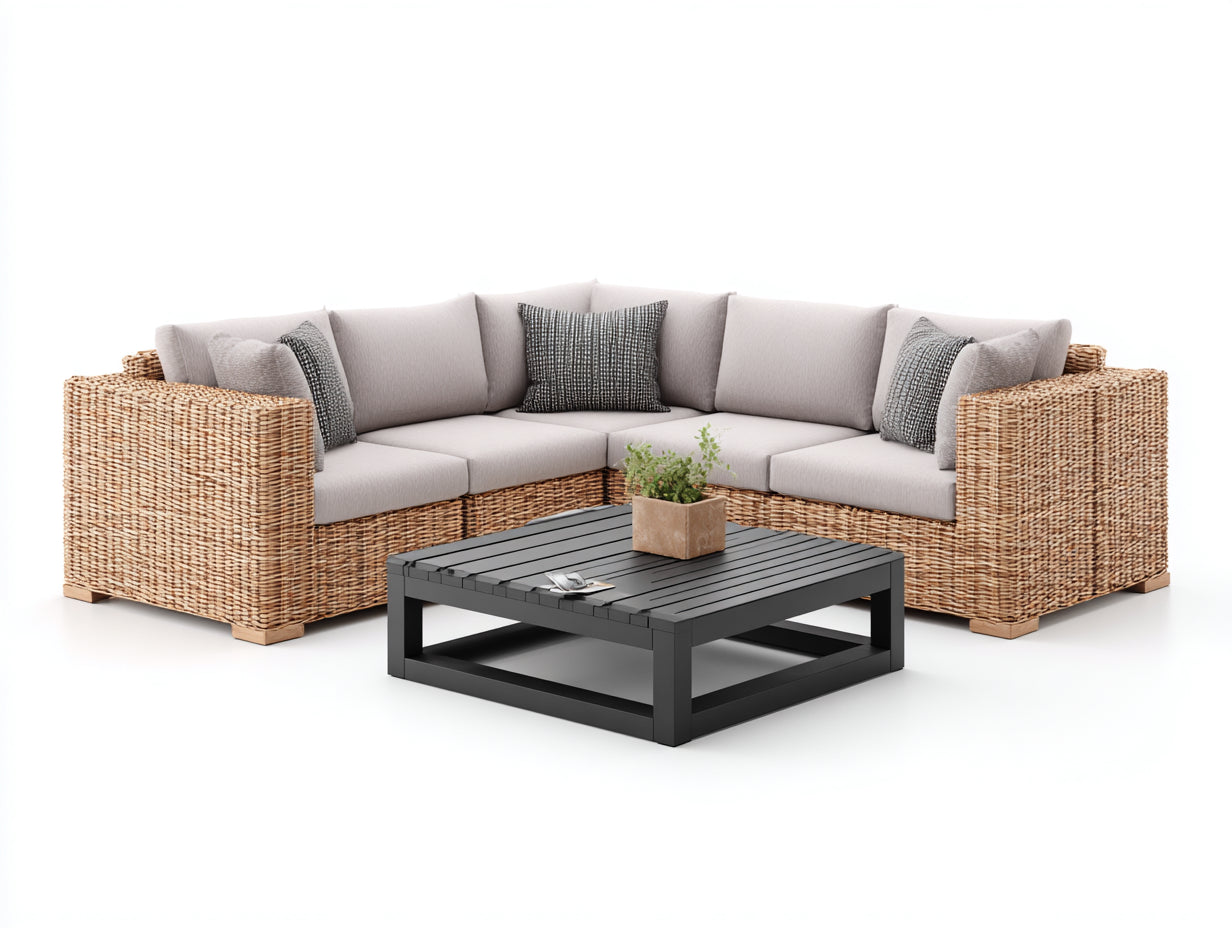 Sofás de exterior de ratán 260x260x76 cm - natural-gris claro-negro - conjunto con mesa cuadrada
