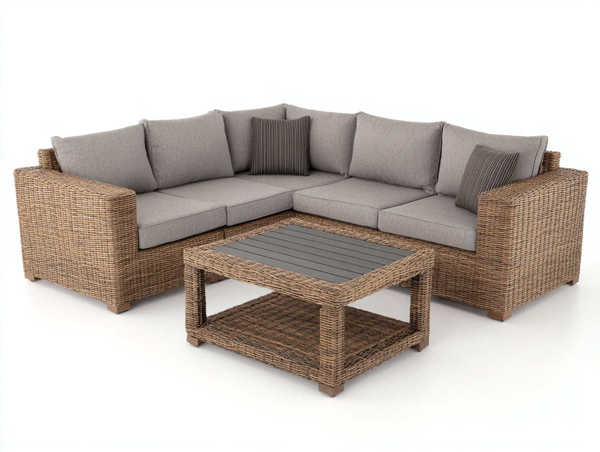 Sofás de exterior modulares de ratán sintético 280 x 280 x 75 cm - Marrón y gris claro - Diseño esquinero con mesa de centro
